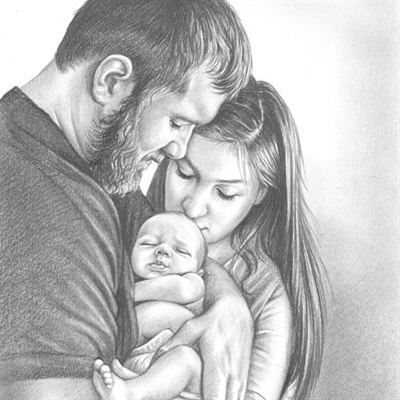 Hand Drawn Pencil Portrait of Young Family of Three with A Newborn,by myDaVinci - myDaVinci